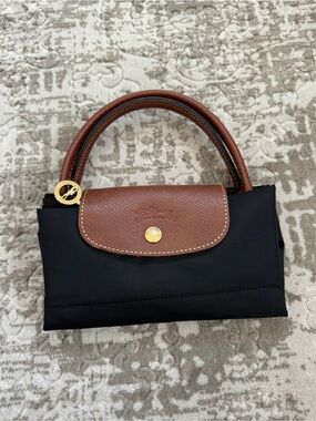 Longchamp Le Pliage Small Black & Brown Top-Handle Nylon Bag